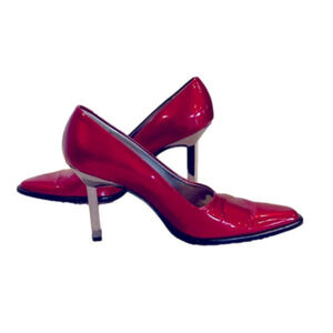 Escada Ruby Red patent leather pumps with  metallic silver heel 38C